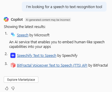 Screenshot of Azure Copilot providing options for speech-to-text recognition tools in Azure Marketplace.