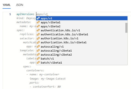 Screenshot showing Azure Copilot providing autocomplete suggestions in an AKS YAML file.
