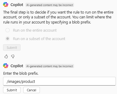 Screenshot of Azure Copilot confirming where to run a new lifecycle management rule.