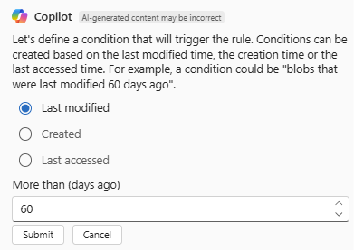 Screenshot of Azure Copilot confirming the action and condition for a storage account lifecycle management rule.