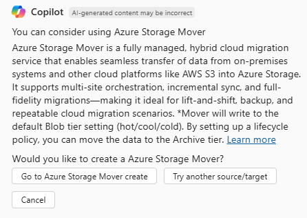 Screenshot of Azure Copilot providing a migration recommendation.