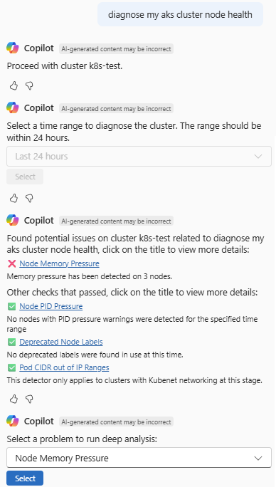 Screenshot of Azure Copilot checking the health of an AKS cluster.