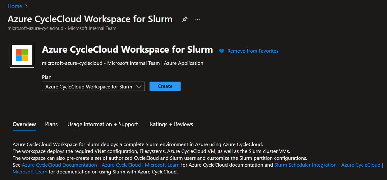 Screenshot of Azure CycleCloud Workspace for Slurm marketplace screen.