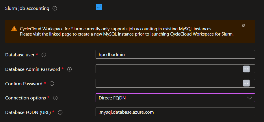 Screenshot of the Slurm Setting options for job accounting database with Private Endpoint.