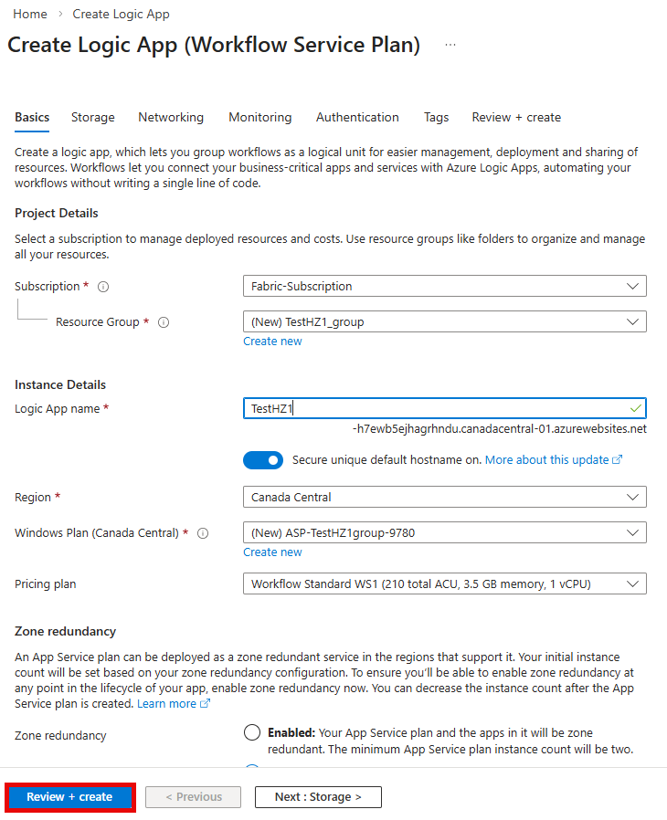 Screenshot of the Create Logic App page, showing the Basics tab filled out.