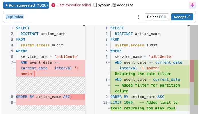 An optimized query generated using the /optimize command with Genie Code
