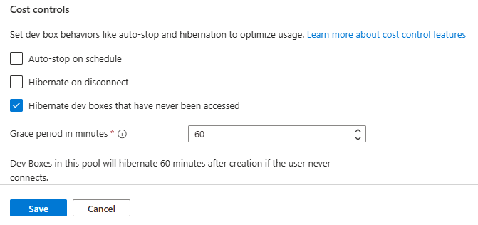 Screenshot of the Dev Box pool settings page showing configuration options for hibernating dev boxes that have not been connected, including the grace period setting.