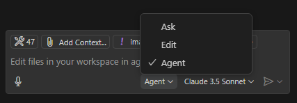 Screenshot of the Agent Mode selection in Copilot Chat, showing the Claude 3.5 Sonnet model.