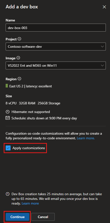 Screenshot of the Add a dev box pane in the developer portal, showing the option to apply customizations.