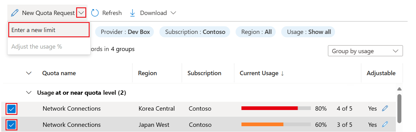 Screenshot that shows how to select multiple existing quotas and then select New Quota Request, Enter a new limit.