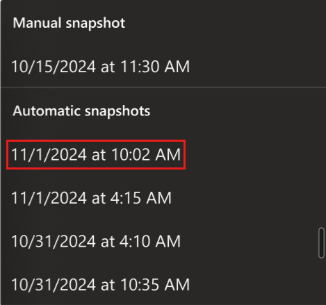 Screenshot of the developer portal, showing the list of manual and automatic snapshots available to restore.