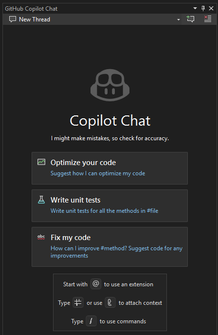 Screenshot that shows the GitHub Copilot Chat window in Visual Studio 2022.