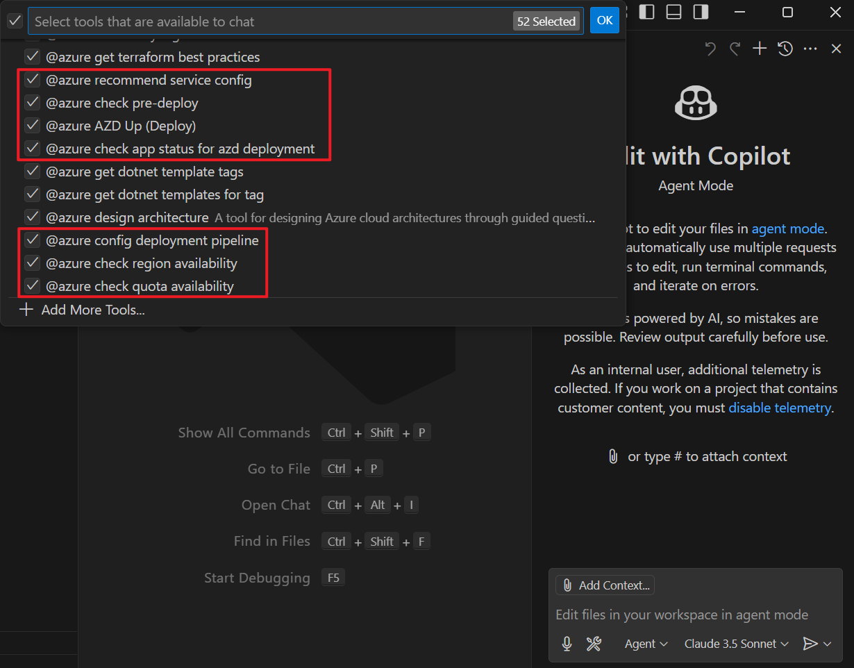 Screenshot of the selected GitHub Copilot for Azure tools.