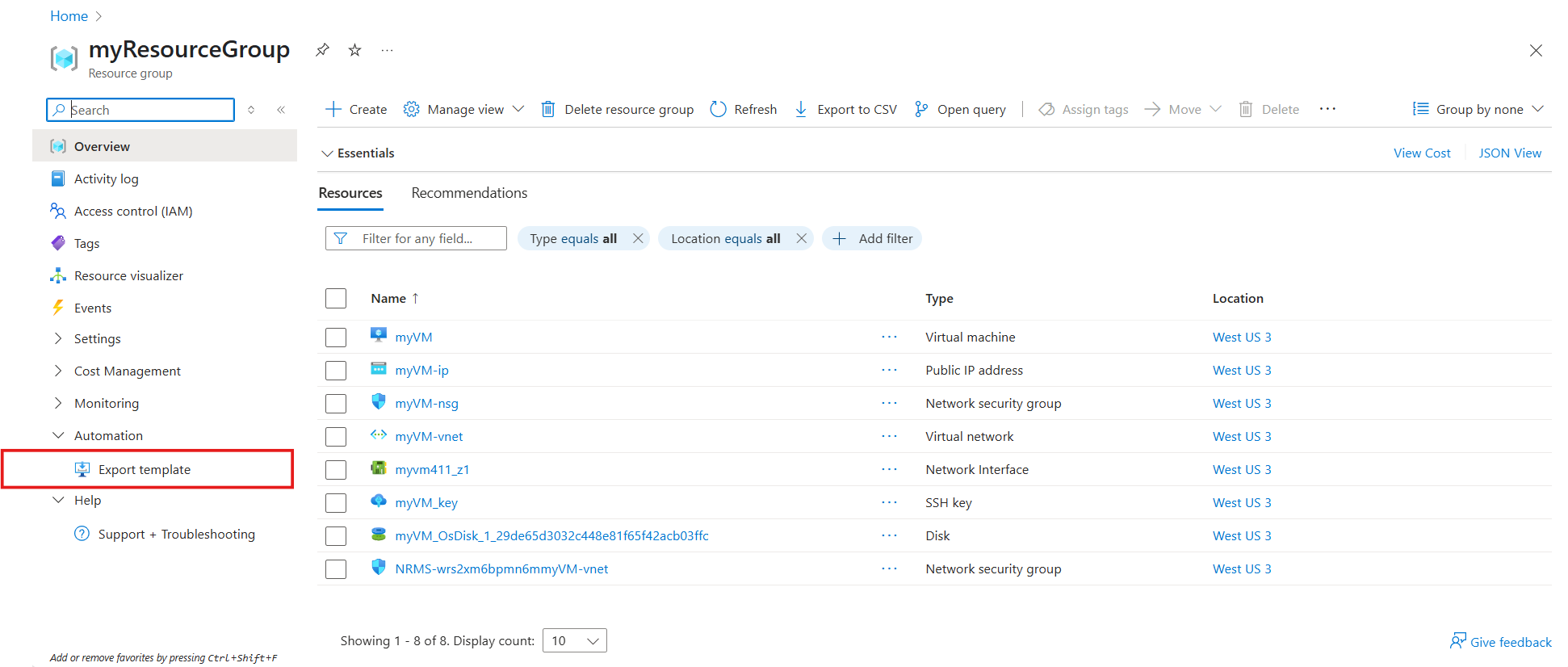 Screenshot of where to find Export Terraform blade within Azure portal.
