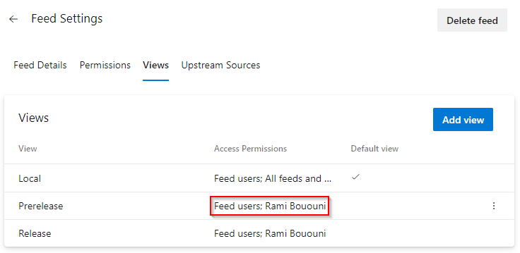 A screenshot showing the permissions settings for the @Prerelease view in Azure Artifacts.
