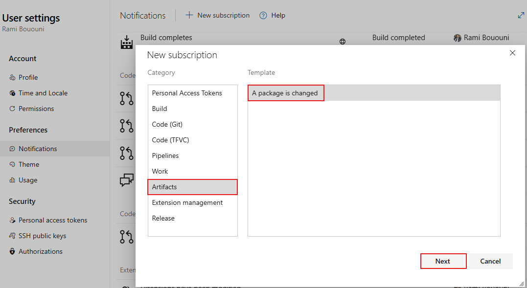 A screenshot displaying how to create a new notification subscription.