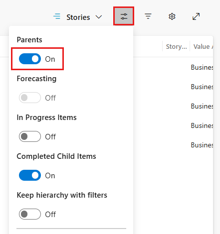 Screenshot shows View options for backlogs with Parents on.