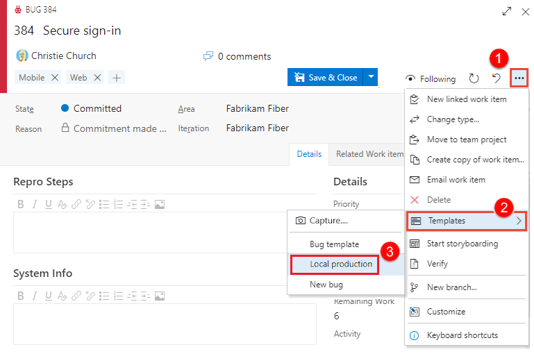 Screenshot that shows how to apply a template to an existing work item within the form.