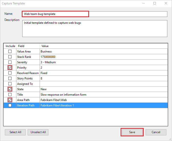 Screenshot that shows how to configure fields on the Capture template dialog in Visual Studio with Power Tools.