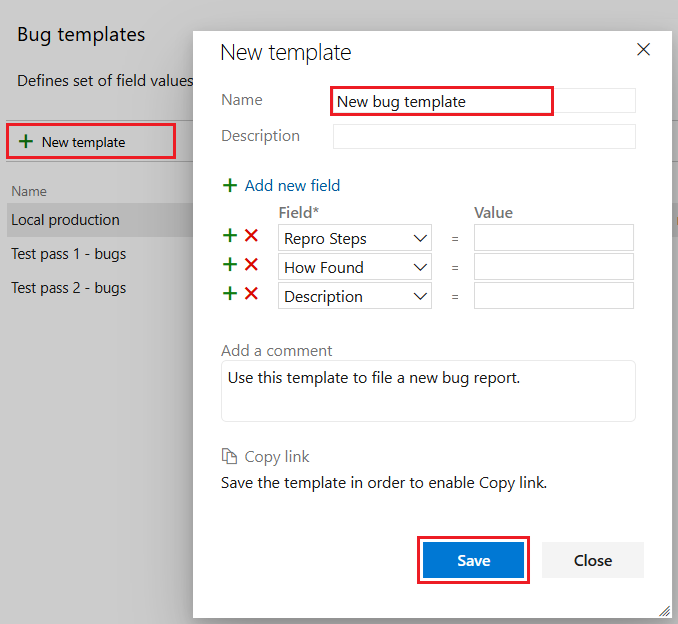 Screenshot showing how to add a new template for the Bug work item type.