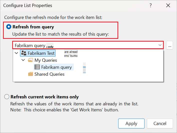 Screenshot of the Configure List properties dialog showing the Refresh from query option highlighted and the query selection list open.