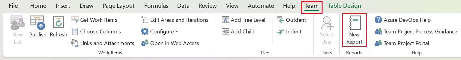 Screenshot of that shows how to create a report by selected in the New Report action in the Team ribbon.