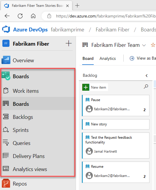Screenshot showing hubs in the Azure Boards menu, including Work items, Boards, Backlogs, Sprints, Queries, Delivery Plans, and Analytics views.