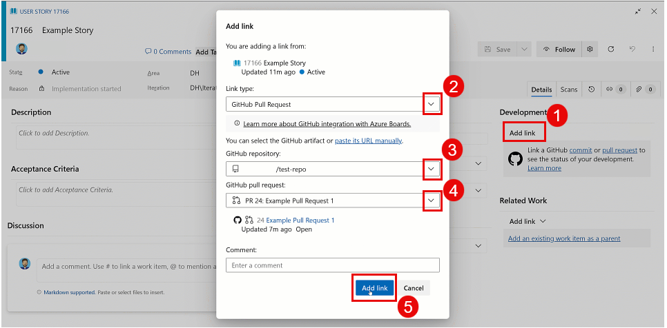 Screenshot showing five-step sequence for adding a pull request link to work item.