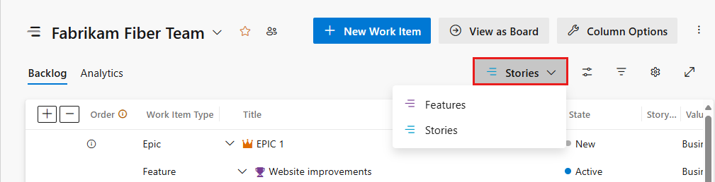 Screenshot that shows the menu to select the product backlog level option of Backlog items, Stories, Issues, or Requirements.