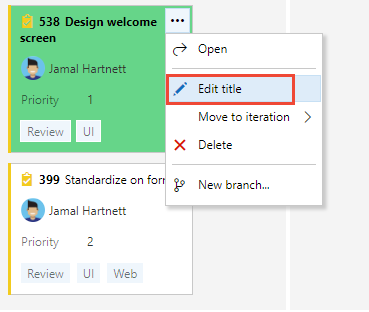 Screenshot of the Edit title option on a Taskboard card.