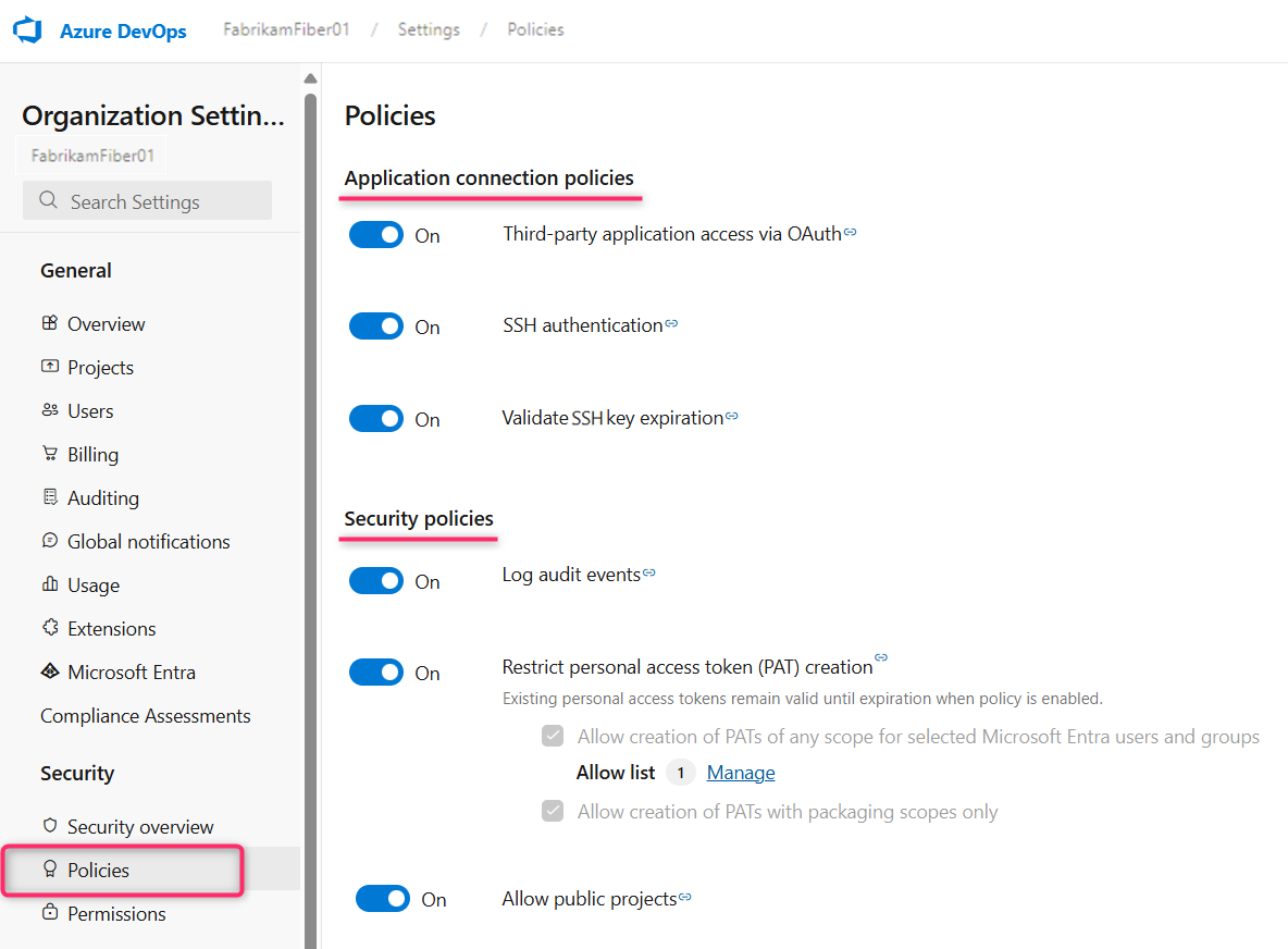 Screenshot of policies list and their on and off toggles.