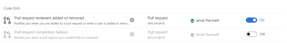 Screenshot that shows the visual difference for an enabled and a disabled subscription in Azure DevOps.