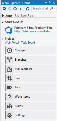 Screenshot of Team Explorer Home page with Git as source control.
