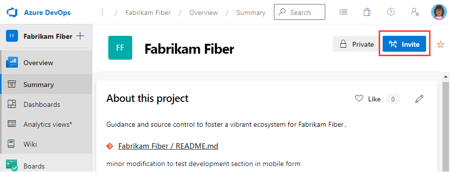 Screenshot of the project Summary page showing the Invite action highlighted.