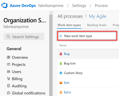 Screenshot of Process, Inherited process, Work Item Types, Add new work item type.