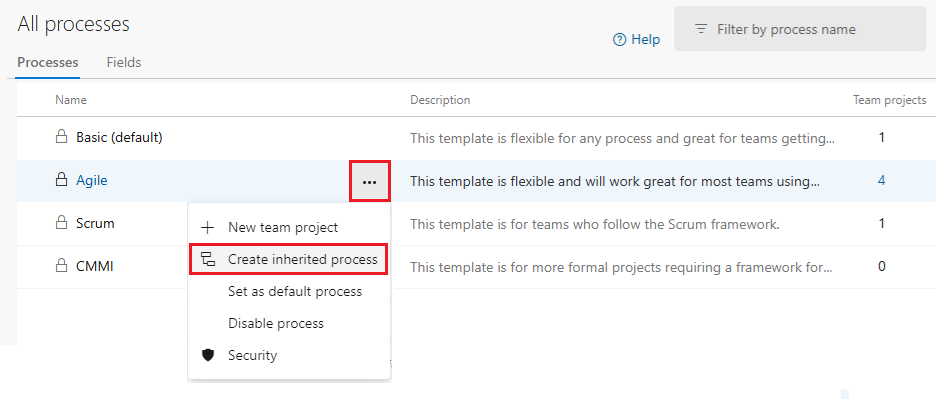 Screenshot that shows how to select the Create inherited process option for the Agile process in Azure DevOps.