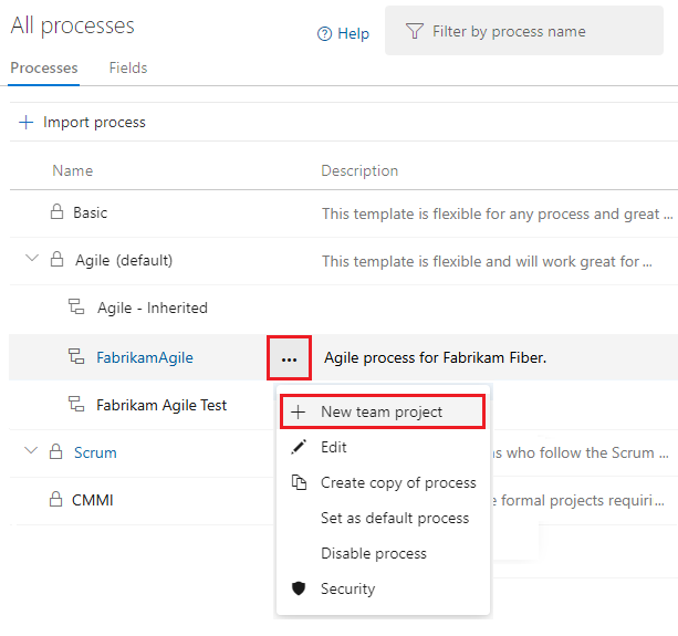 Screenshot shows the create a project option for a selected process.