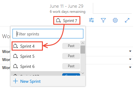 Screenshot shows where you can select a past sprint from the sprint selector.