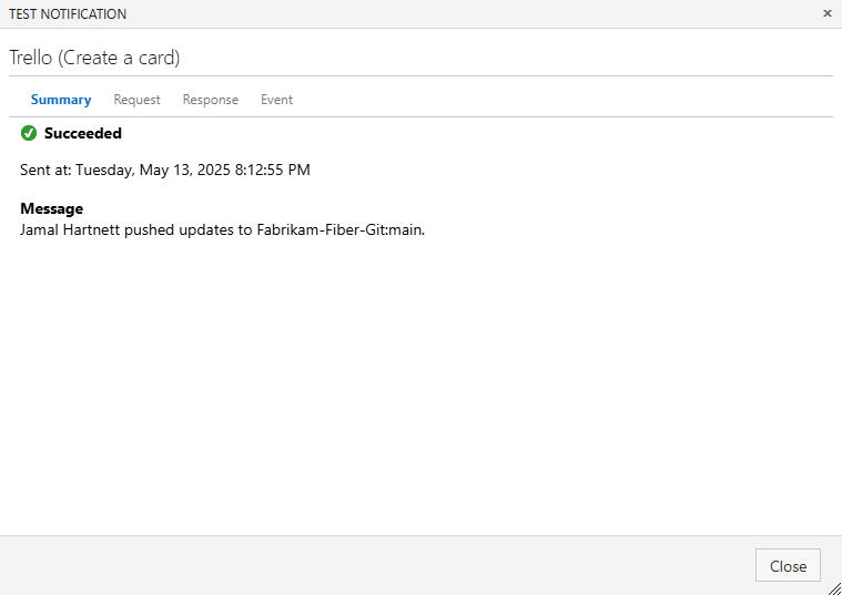 Screenshot of the Test Notification window. In the Summary tab, a message about a push shows a status of Succeeded.
