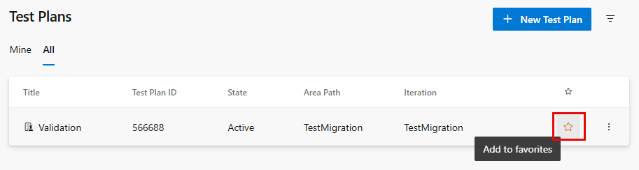 Screenshot of the All list of test plans with the favorite option highlighted.