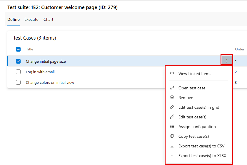Screenshot of the Define tab showing the test case More options menu.