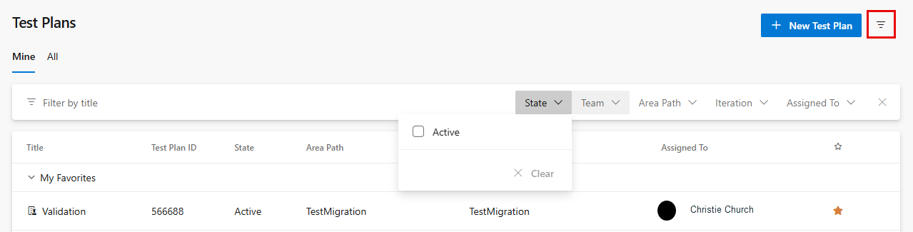Screenshot of filter options for a test plans list.