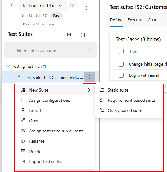 Screenshot of the test suites tree menu options.