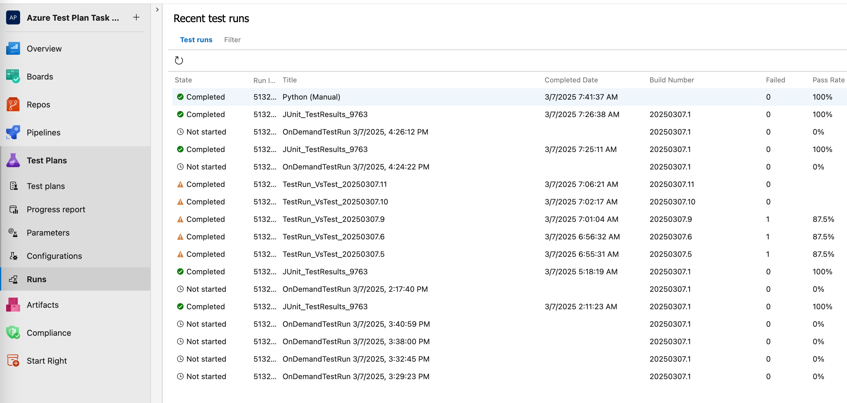 Screenshot shows the Runs page with an overview of all test runs.
