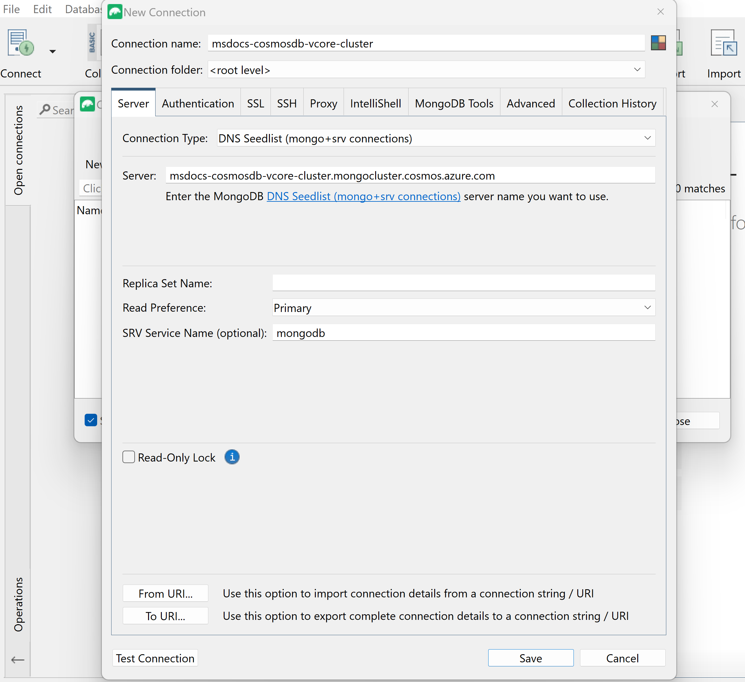 Screenshot of server connection information in Studio 3T for a new connection.