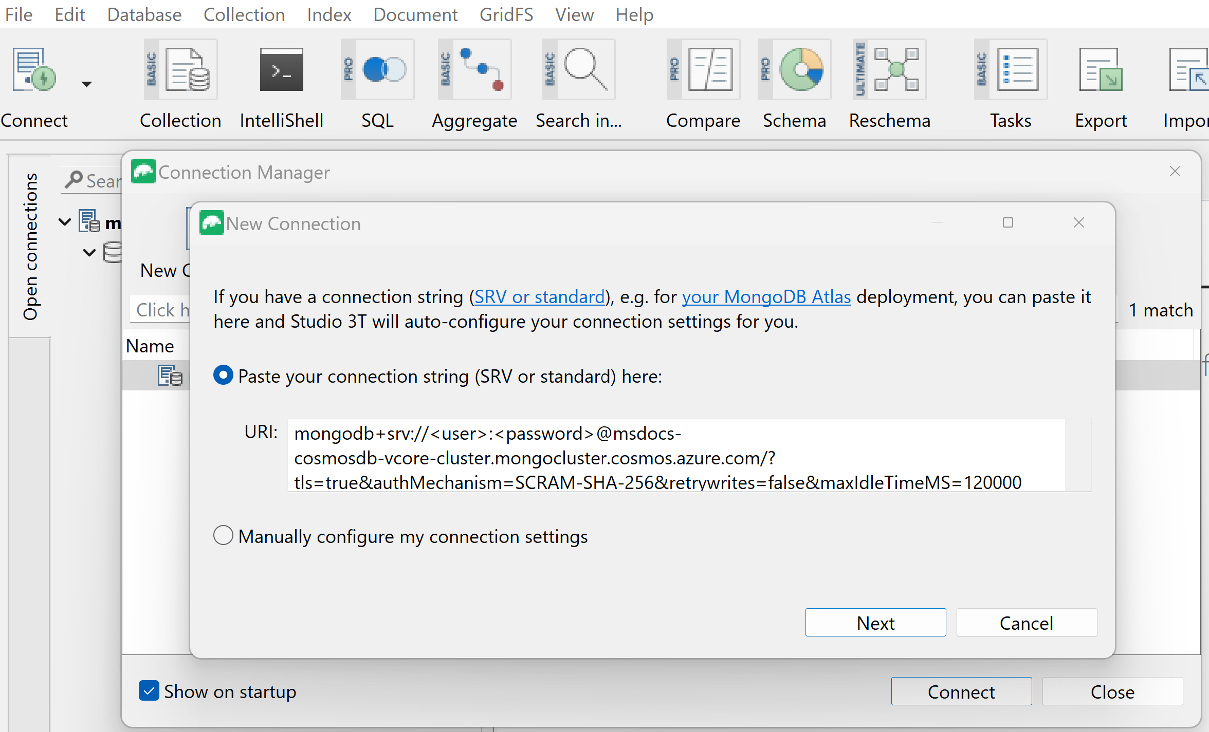 Screenshot of the dialog for entering  connection credentials in Studio 3T.