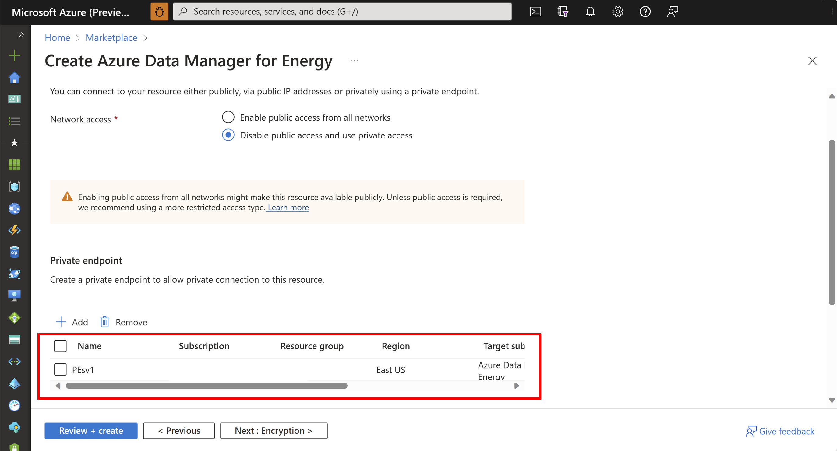 Screenshot of the Private endpoint details.