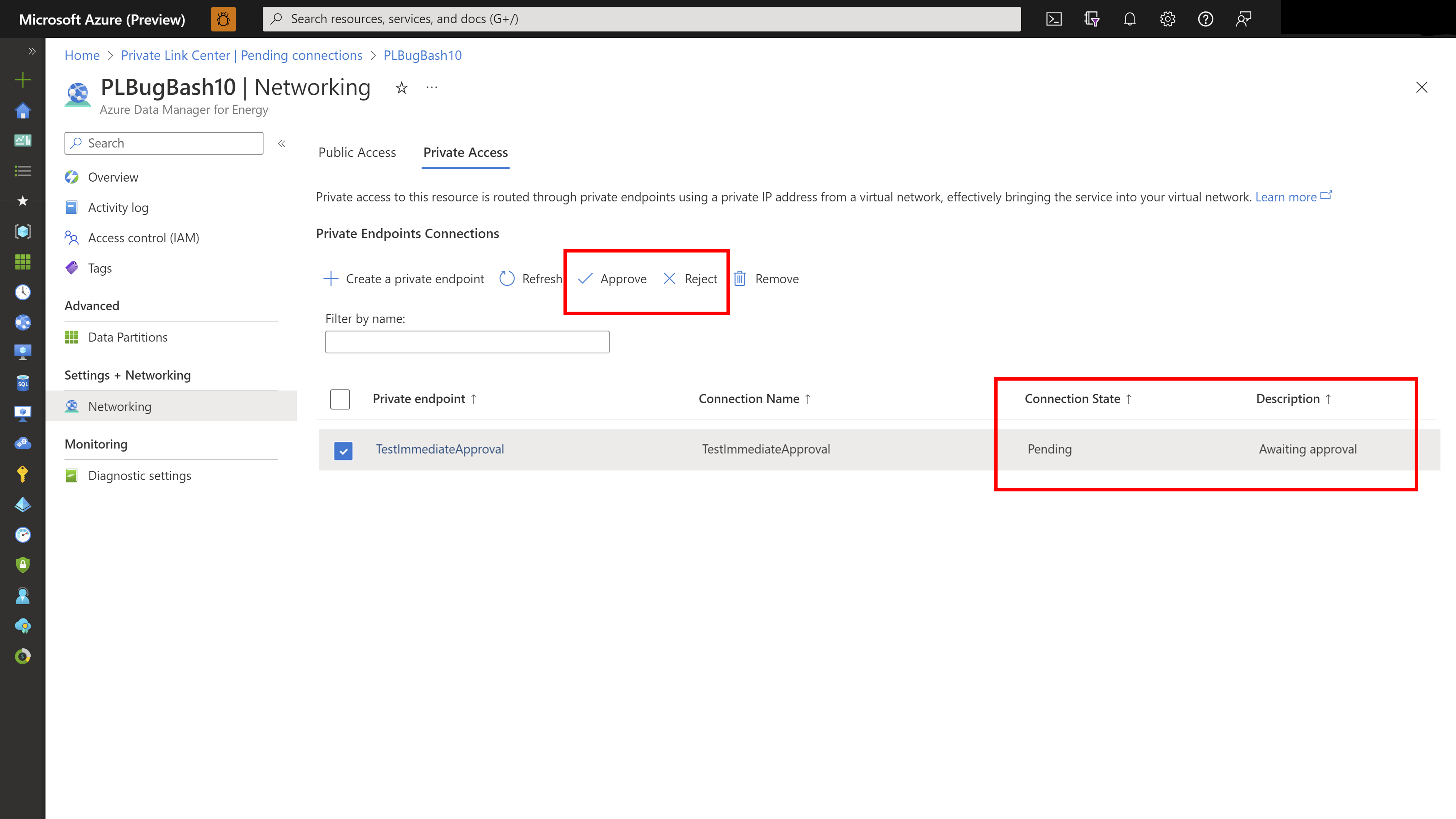 Screenshot of the Private Access tab.
