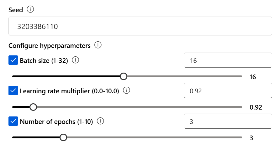 Screenshot of the area for configuring a seed and hyperparameters in the Foundry portal.