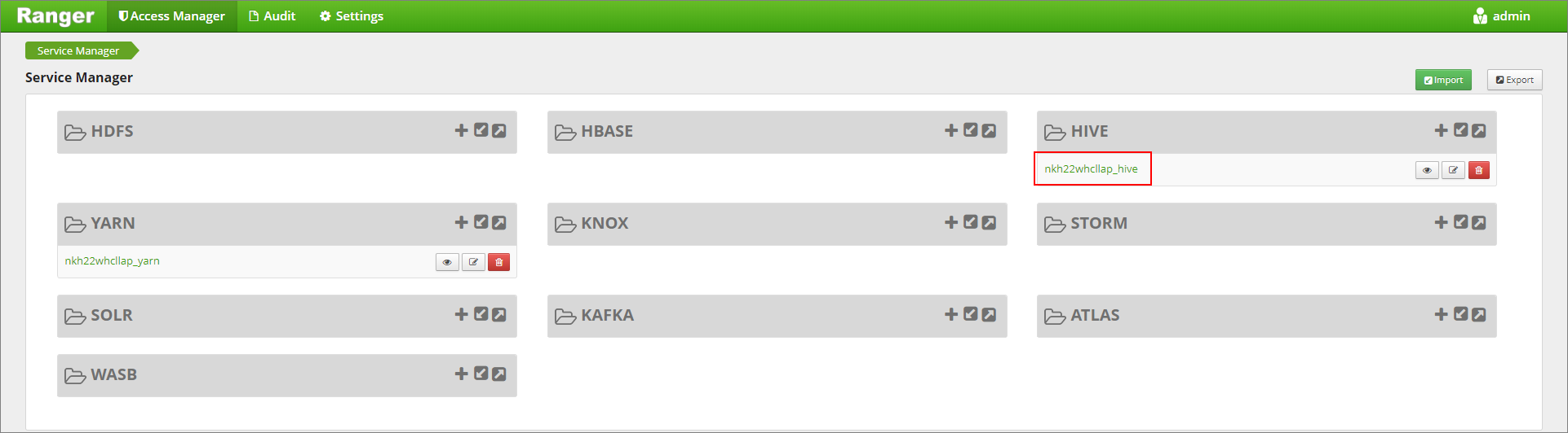 Screenshot of ranger service manager.